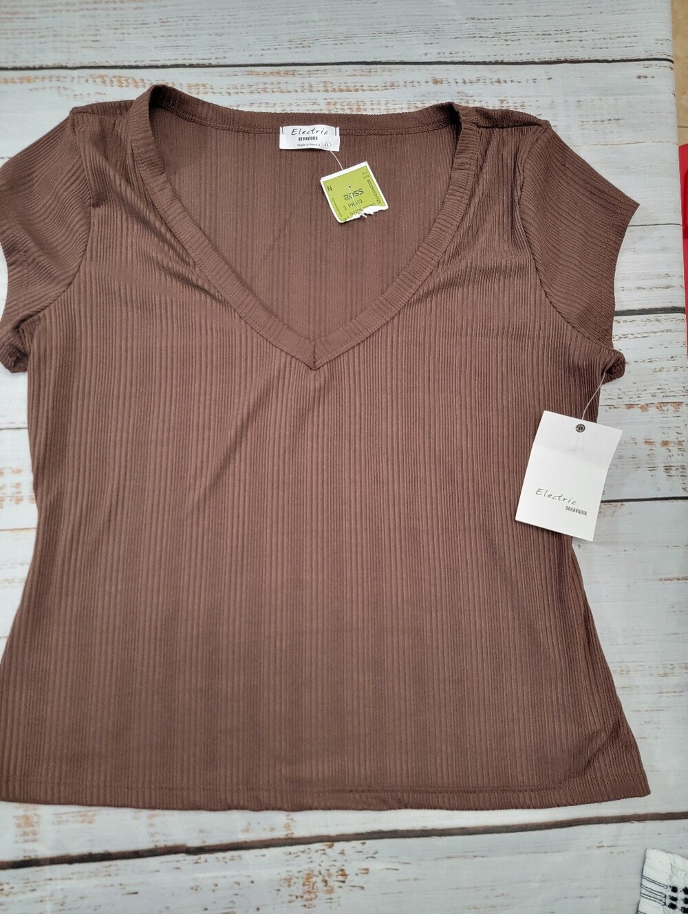 Electric Family Ribbed V-Neck Short Sleeve Tee in Brown
